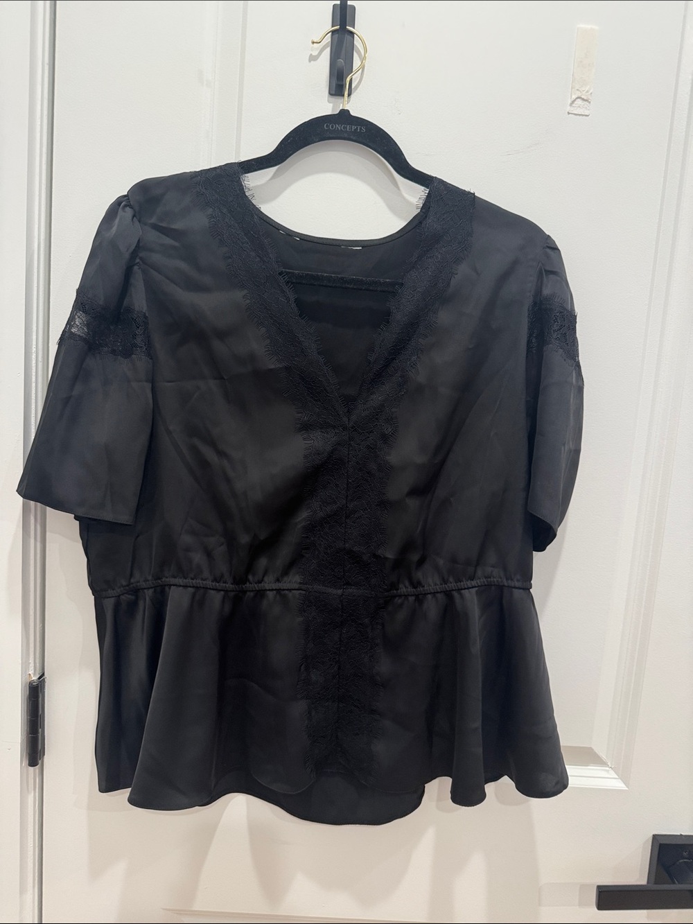 Satin Black Women's Peplum V-Neck Top